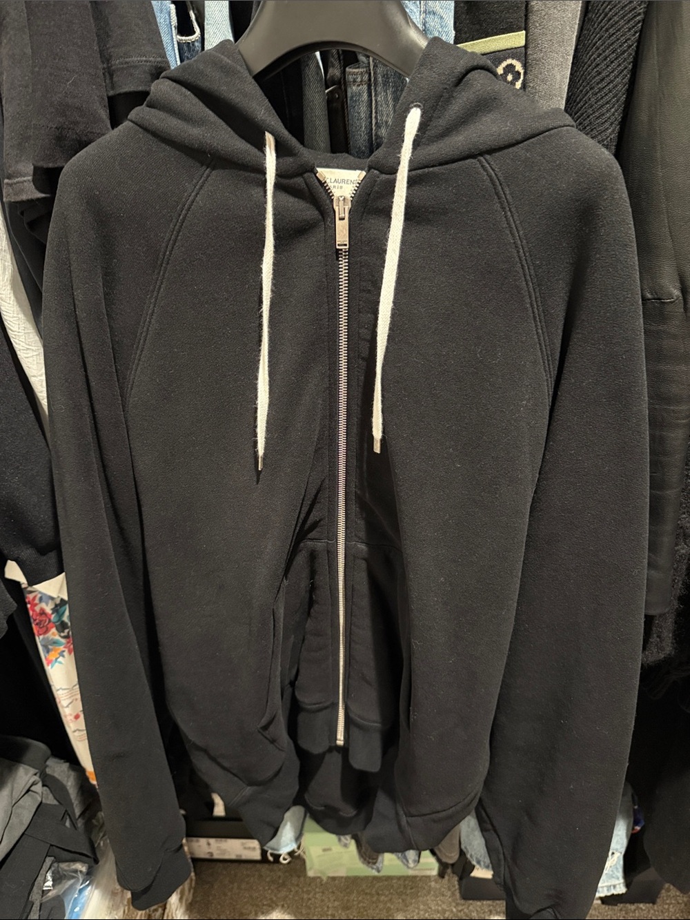 Saint Laurent Black Zip Hoodie with White Drawstrings